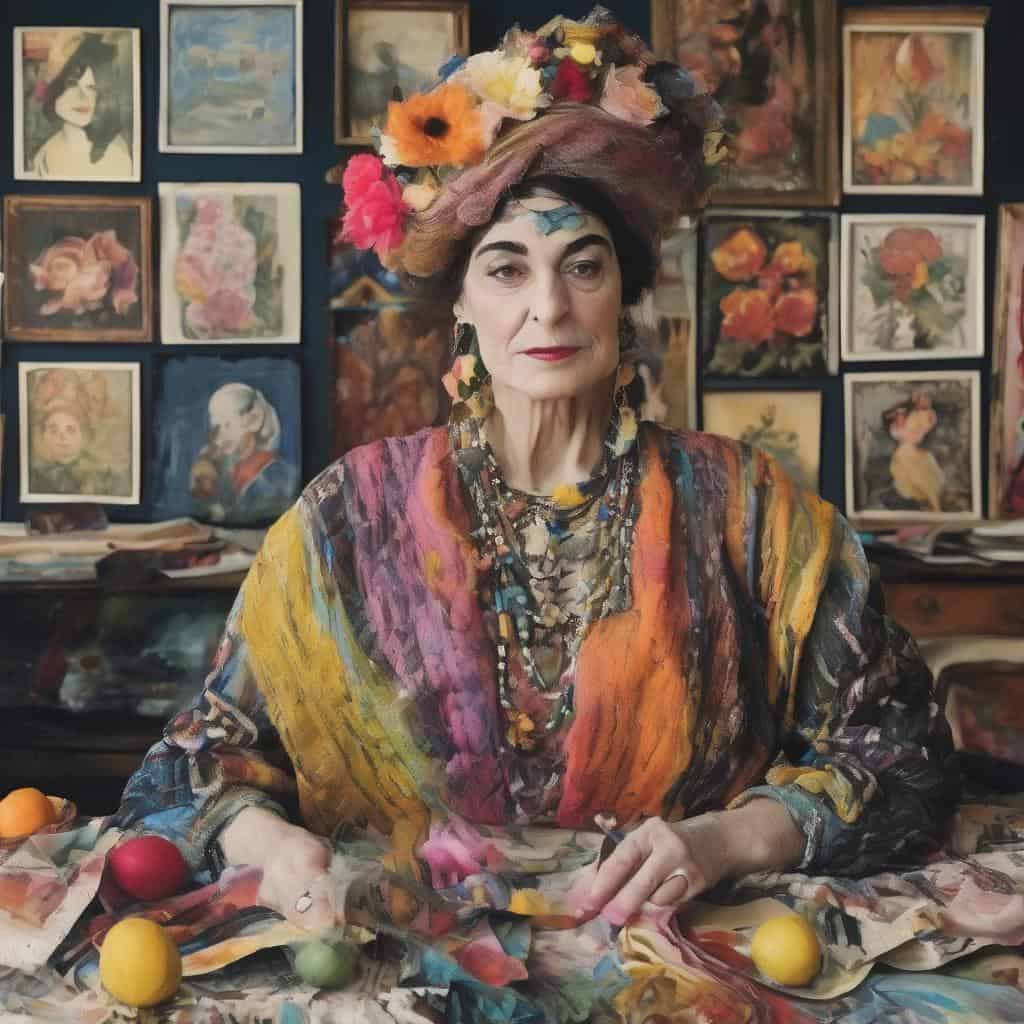 Ζωγράφος με εντυπωσιακή ένδυση και καπέλο φτιαγμένο από λουλούδια σε στούντιο με πίνακες ζωγραφικής, αναδεικνύοντας την τέχνη και την εσωτερική ματιά.
