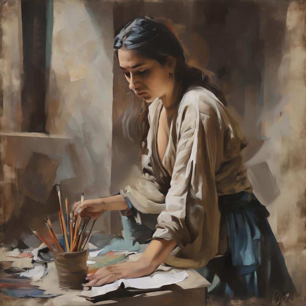 9. Ζυγοπλάσιμα χρώματα και λεπτομέρειες μιας νεαρής γυναίκας που δημιουργεί τέχνη, εστιάζοντας στην εσωτερική ματιά και την τέχνη.