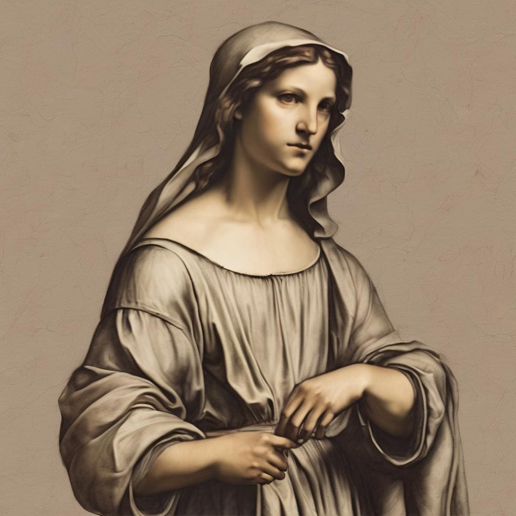 Λυπημένη γυναικεία μορφή σε εικαστική παράσταση με έμφαση στην εσωτερική ματιά και την τέχνη, με λεπτομέρειες και απαλή χρωματική παλέτα, αναπαράσταση συναισθημάτων και πνευματικής αναζήτησης.