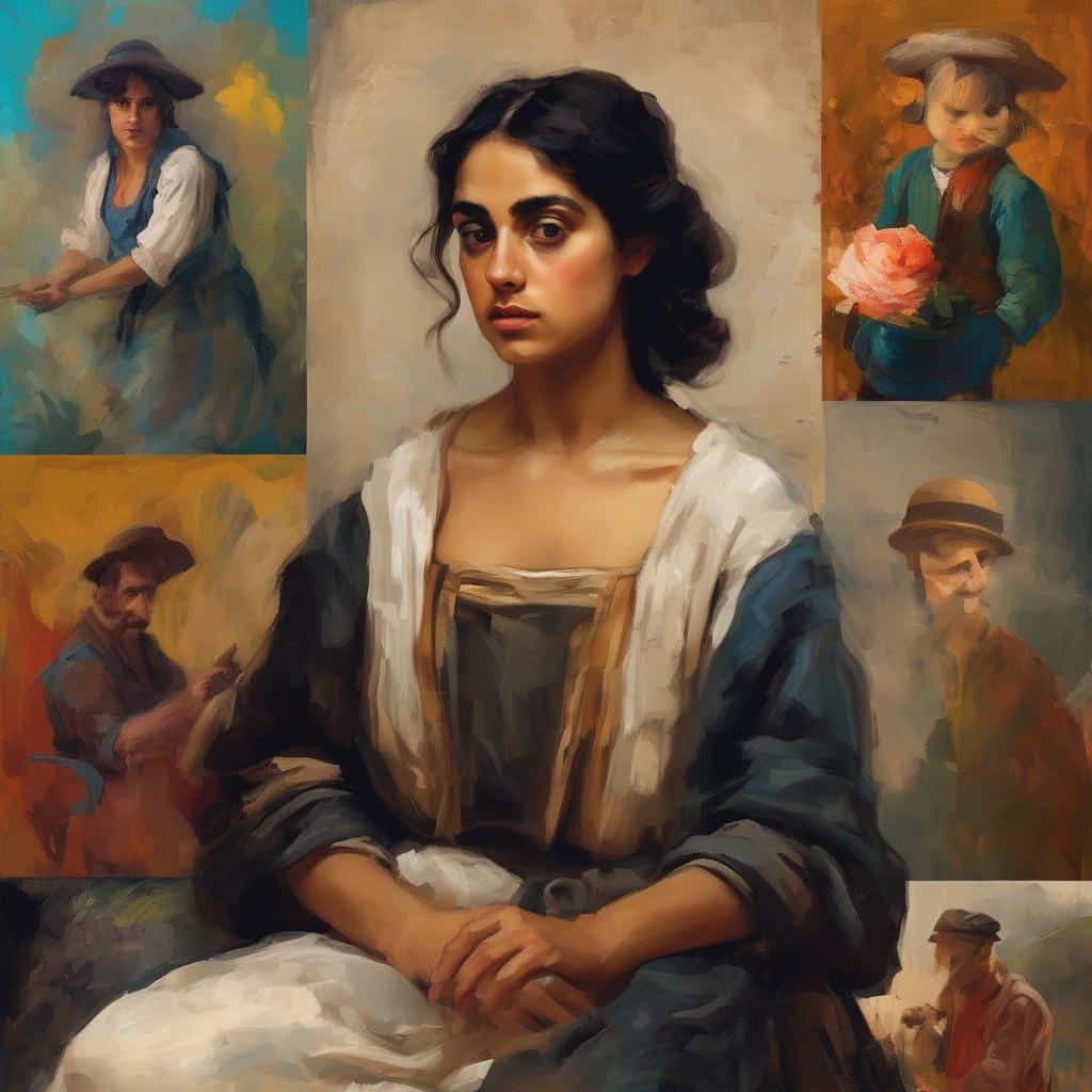 Ανδρικό πορτρέτο μιας νεαρής γυναίκας με σκούρα μαλλιά και εκφραστικά χαρακτηριστικά, σε σύγχρονο εικαστικό στυλ, με πολλαπλά ζωγραφικά πορτρέτα και εικόνες στα περίγραμμα, αναδεικνύοντας την τέχνη και την εσωτερική ματιά.