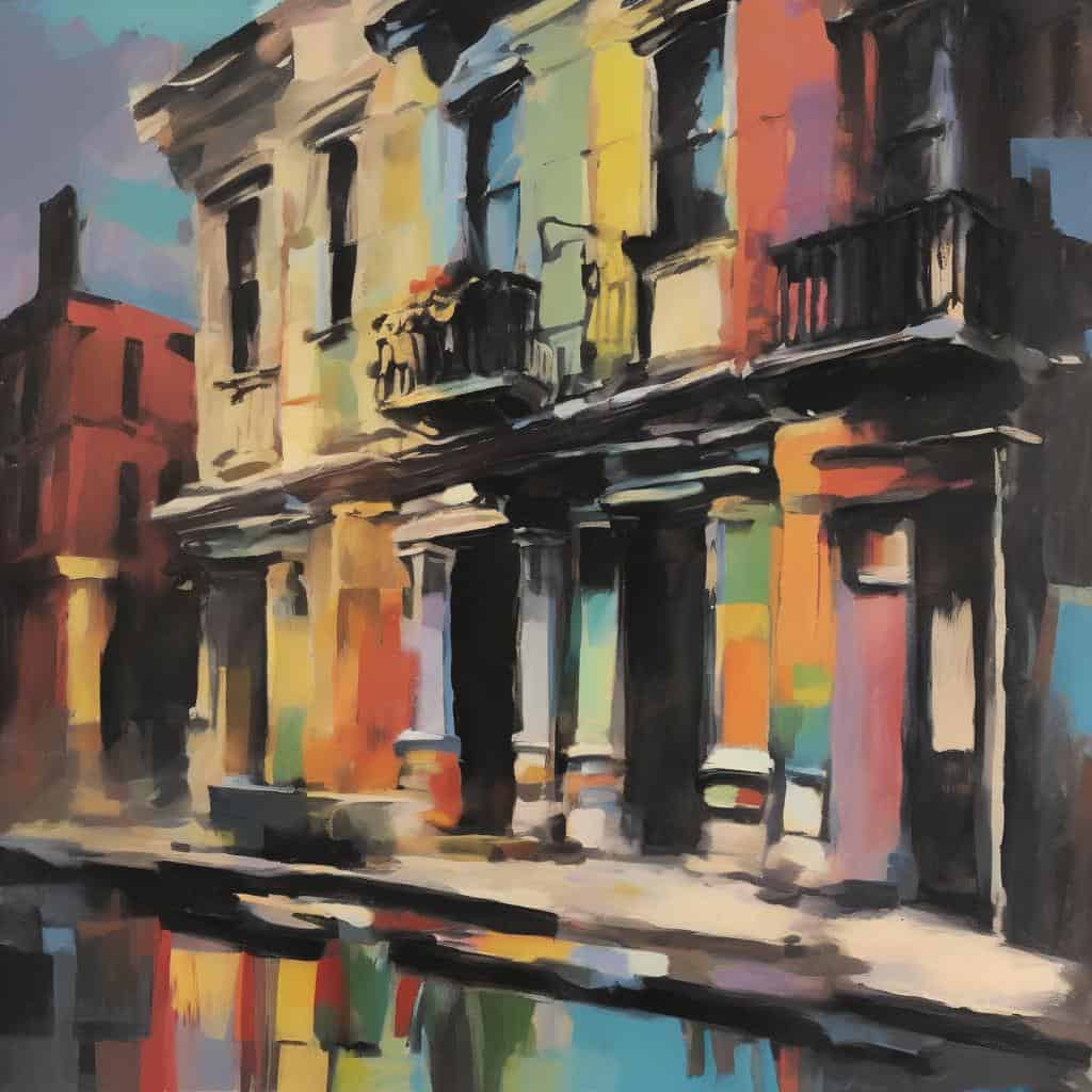 ζωντανό έργο τέχνης, αφηρημένη εικόνα πολύχρωμου κτηρίου με μπαλκόνια, εκφραστικό και φιλόξενο, που αναδεικνύει την εσωτερική ομορφιά και την τέχνη στη δημόσια ζωή.
