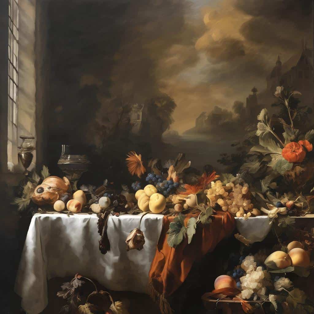 Ουράνιο τοπίο και φρούτα σε ρεαλιστικό φωτισμό, εμπνευσμένα από την τέχνη και την εσωτερική ματιά, με ζωγραφική να αποτελεί την κύρια αισθητική και την εστίαση της σύνθεσης.