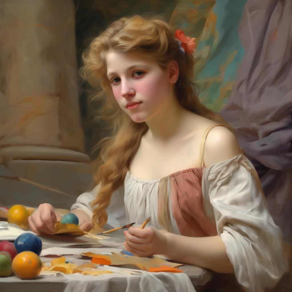 Παρούσα εικόνα ενός νεαρού κοριτσιού σε εσωτερικό χώρο, που ζωγραφίζει με χρώματα και πινέλα, εκφράζοντας την τέχνη και την εσωτερική της ματιά, σε ένα έργο που συνδυάζει την παράδοση και τη σύγχρονη δημιουργικότητα.