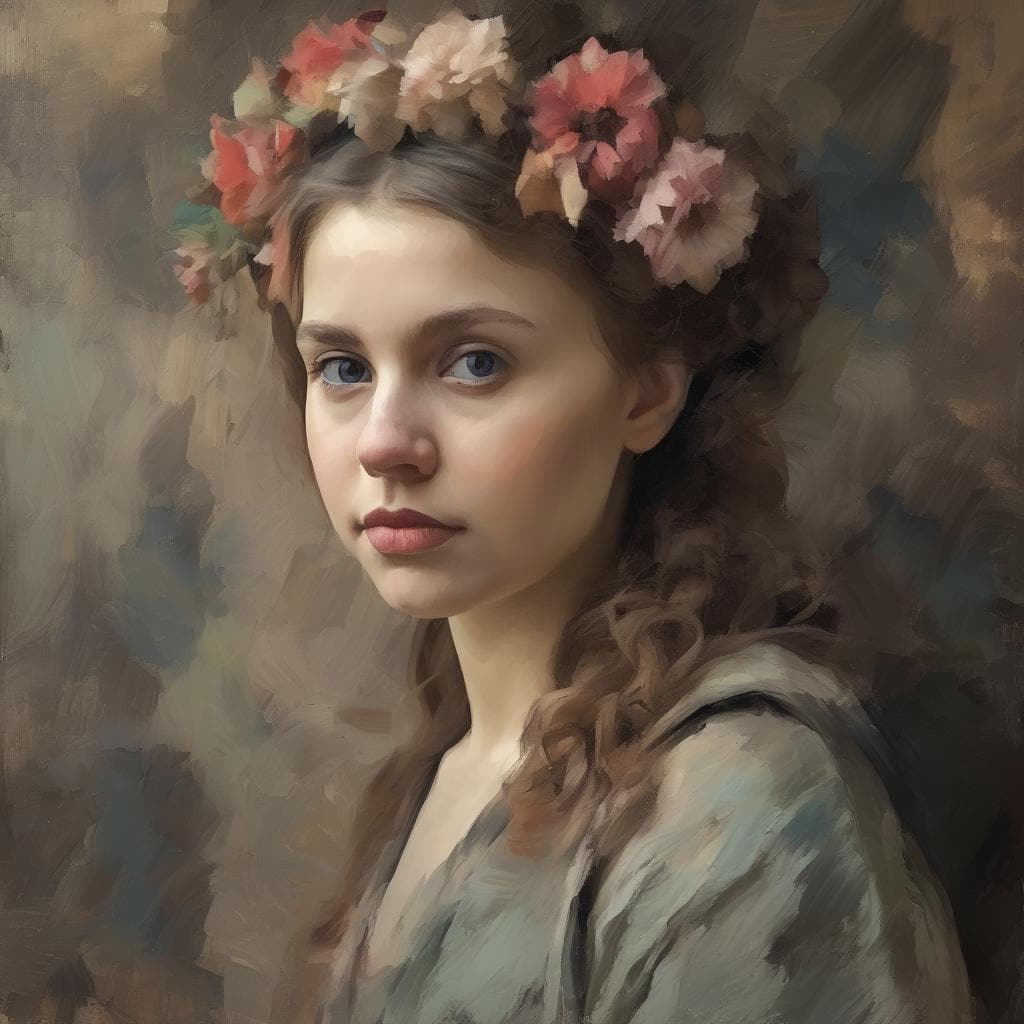 Καλλιτεχνική πορτρέτο γυναίκας με λουλούδια στα μαλλιά, εσωτερική ματιά και τέχνη, με έμπνευση από την εσωτερική αναζήτηση και δημιουργικότητα, σε ρεαλιστική και ζωγραφική αισθητική.