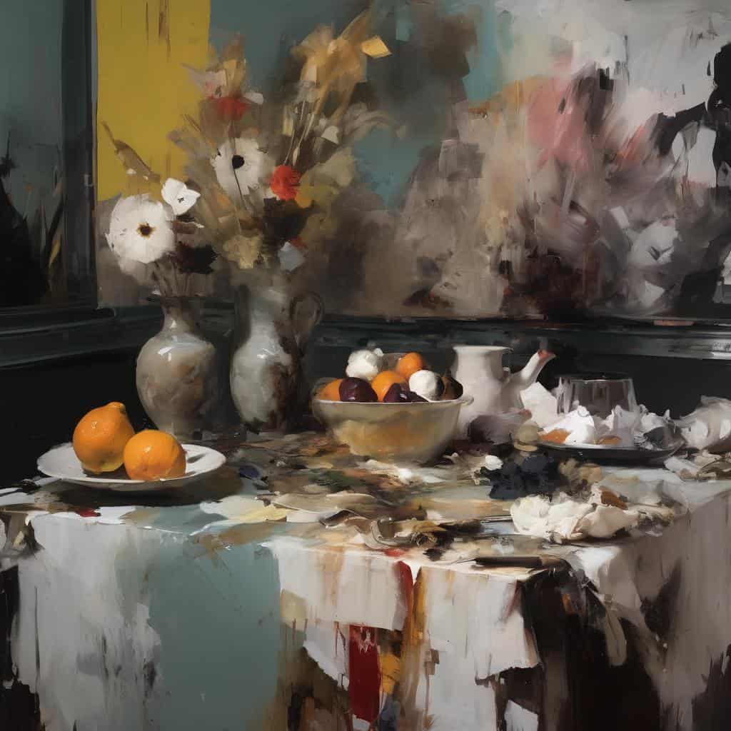 Άνθεα και διακοσμητικά σε εσωτερικό χώρο, με εστίαση στη ζωγραφική και την εσωτερική ματιά, σε ρεαλιστικό και αφαιρετικό στυλ, αναδεικνύοντας την τέχνη και το εσωτερικό ταξίδι.